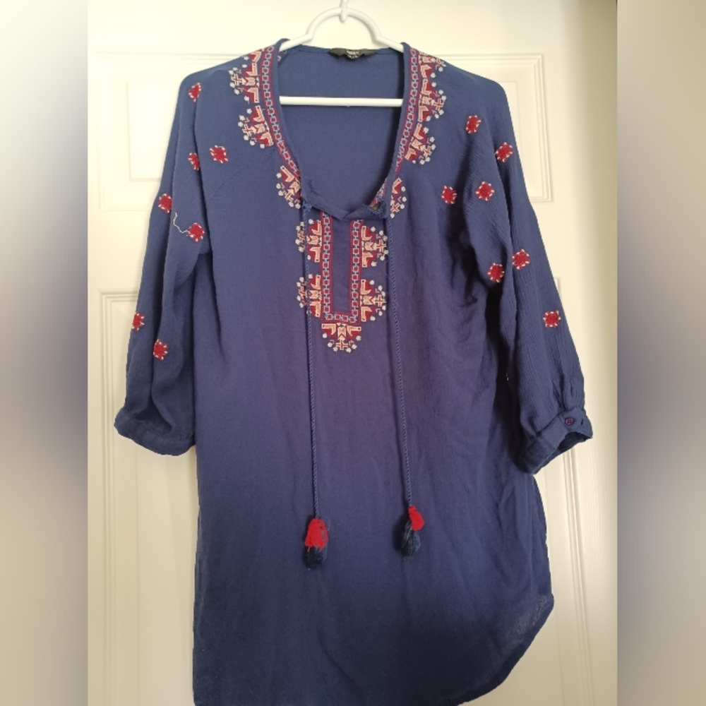 Max Womens Size XL Navy Blue Embroidered & Tasseled Tunic Dress